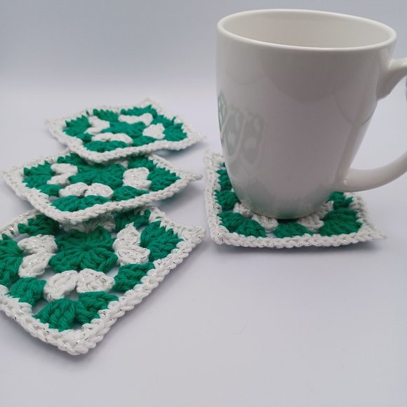 Handcrafted Cotton Coasters - Set of 4 - Christmas Green, White, and Silver - Picture 5 of 6